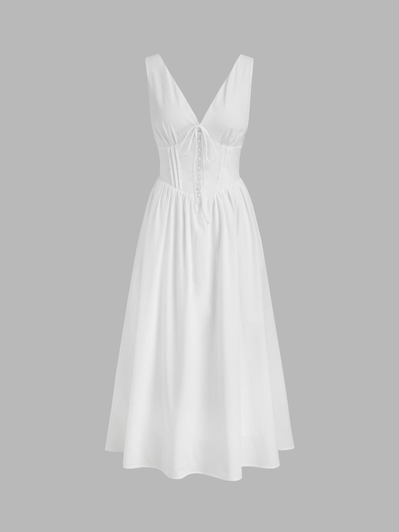 100%Cotton V-neck Pleated Knotted Maxi Dress