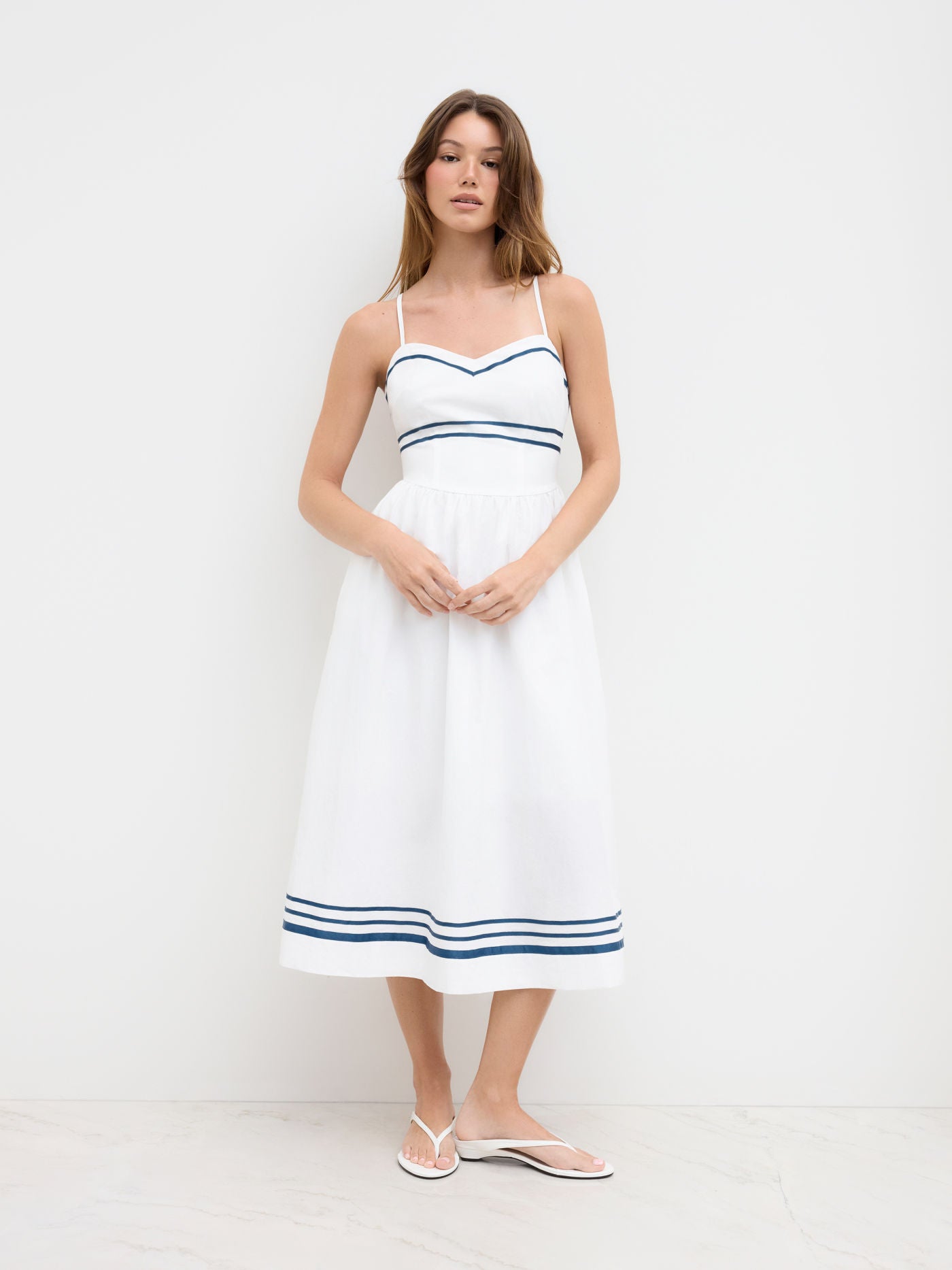 Cotton Contrasting Binding Stripe Knotted Shirred Midi Cami Dress