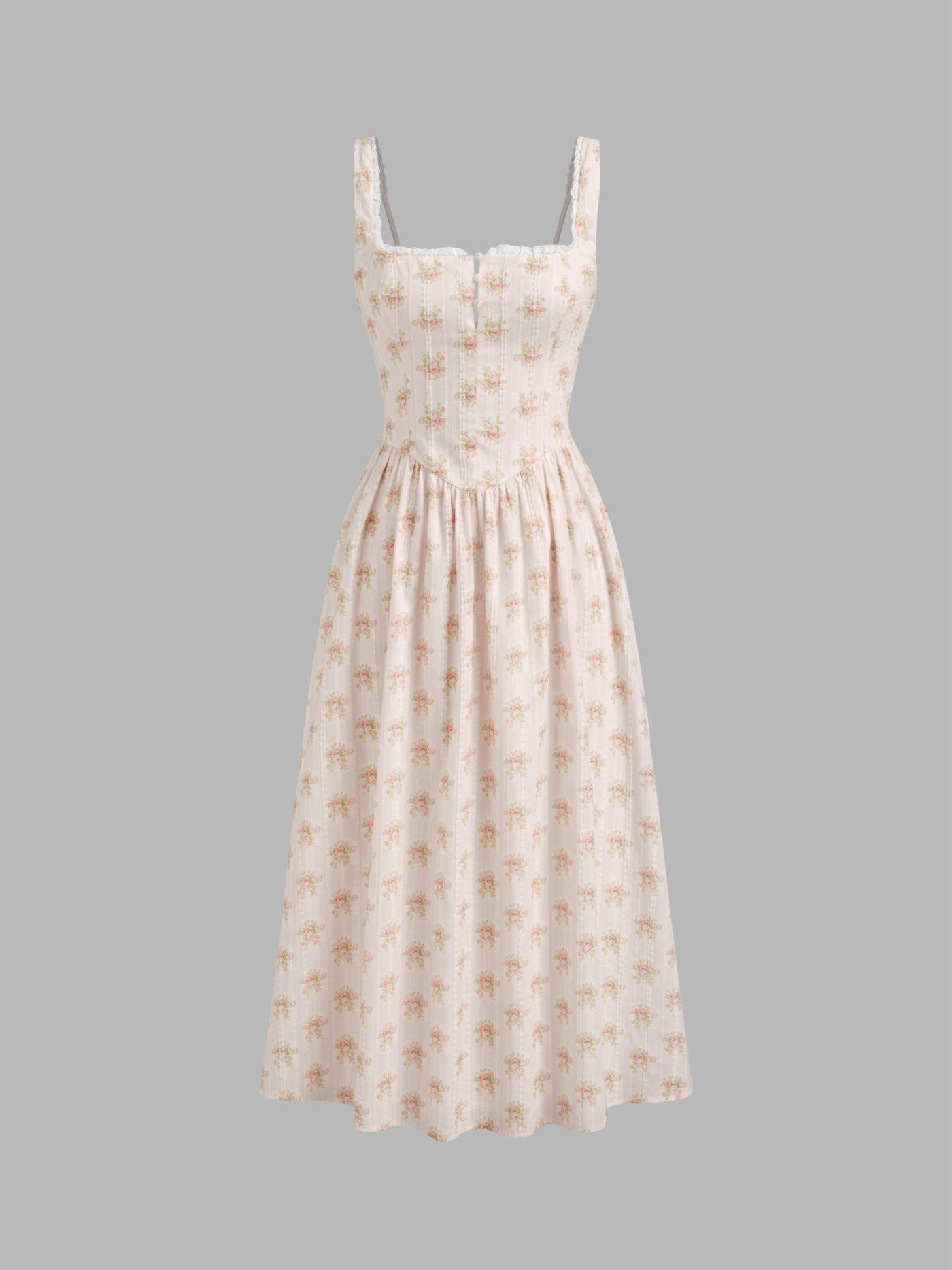 Cotton Square Neck Ditsy Floral Lace Up Maxi Dress