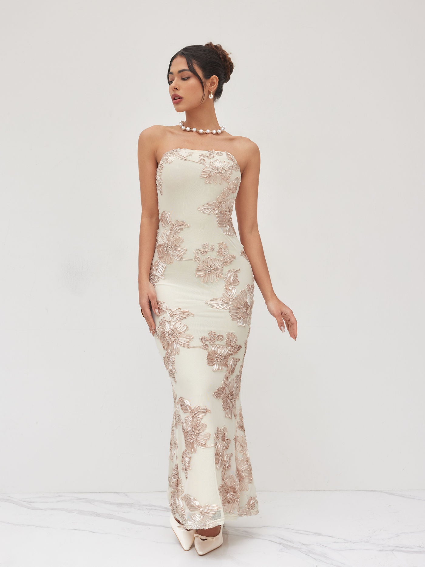 Jacquard Bandeau Floral Mermaid Maxi Dress