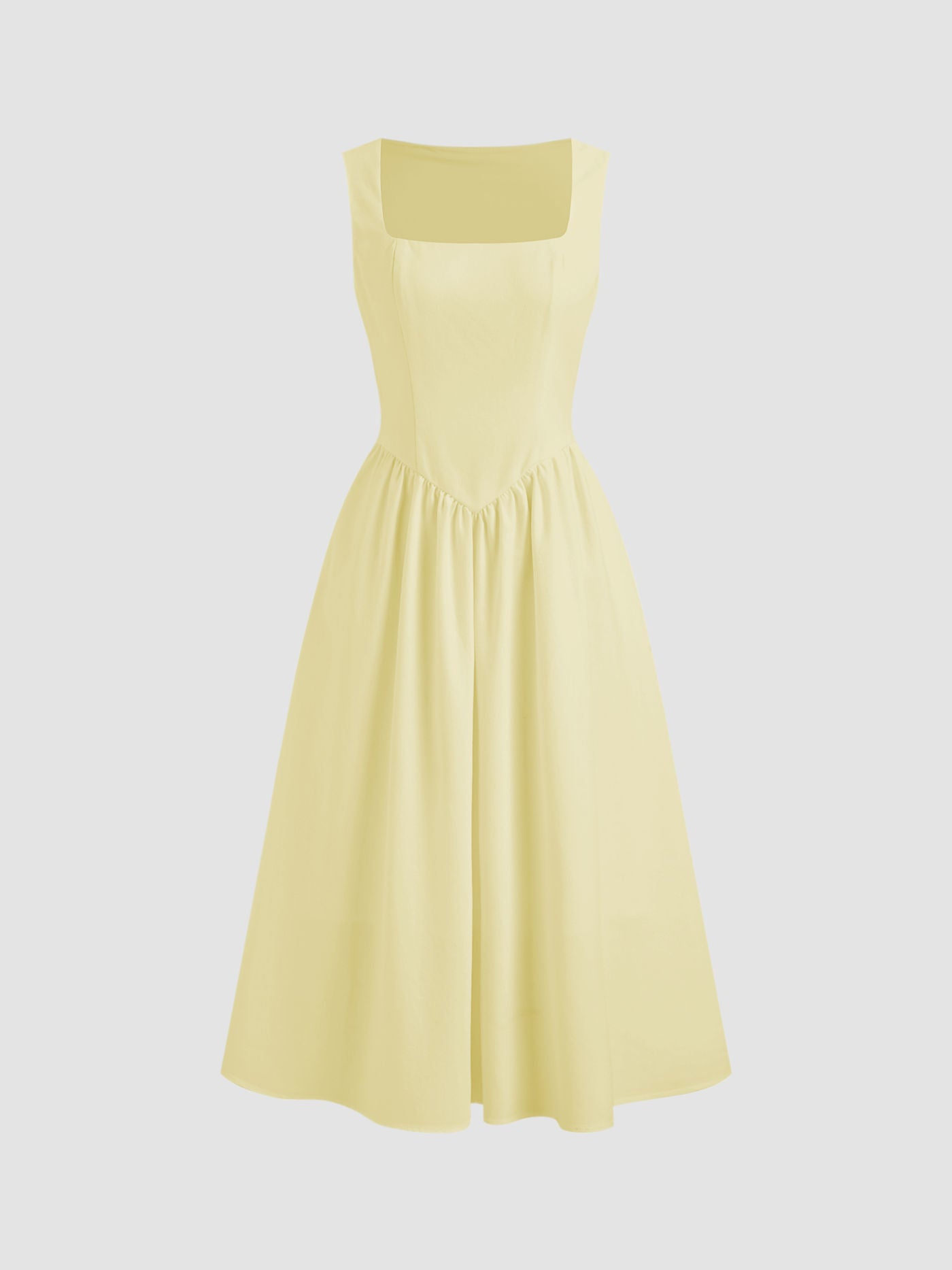 Linen-blend Square Neck Ruffle Midi Dress