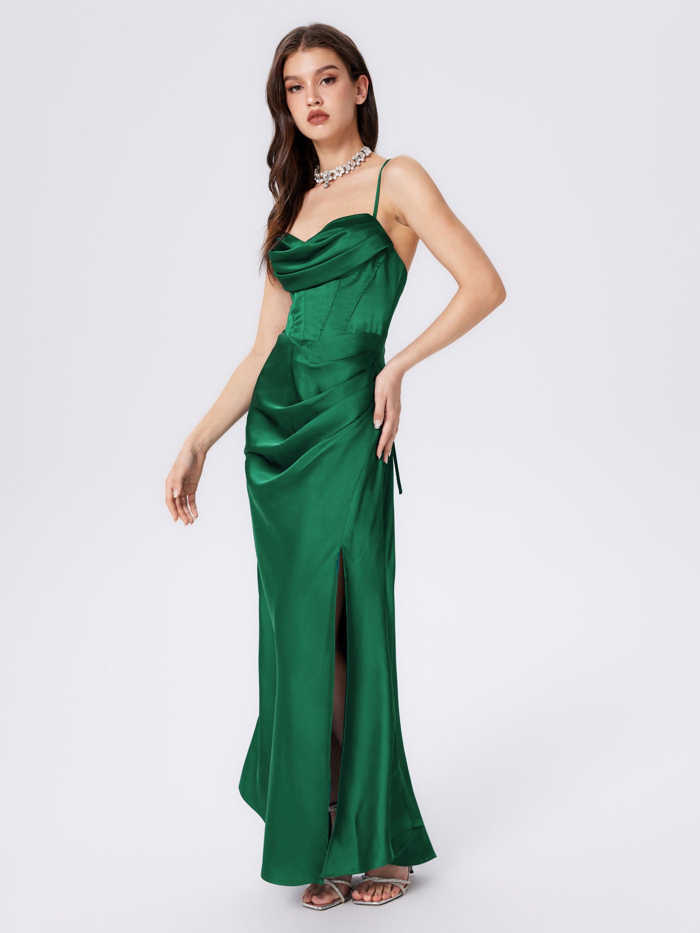 Satin Cowl Neck Cami Corset Maxi Dress