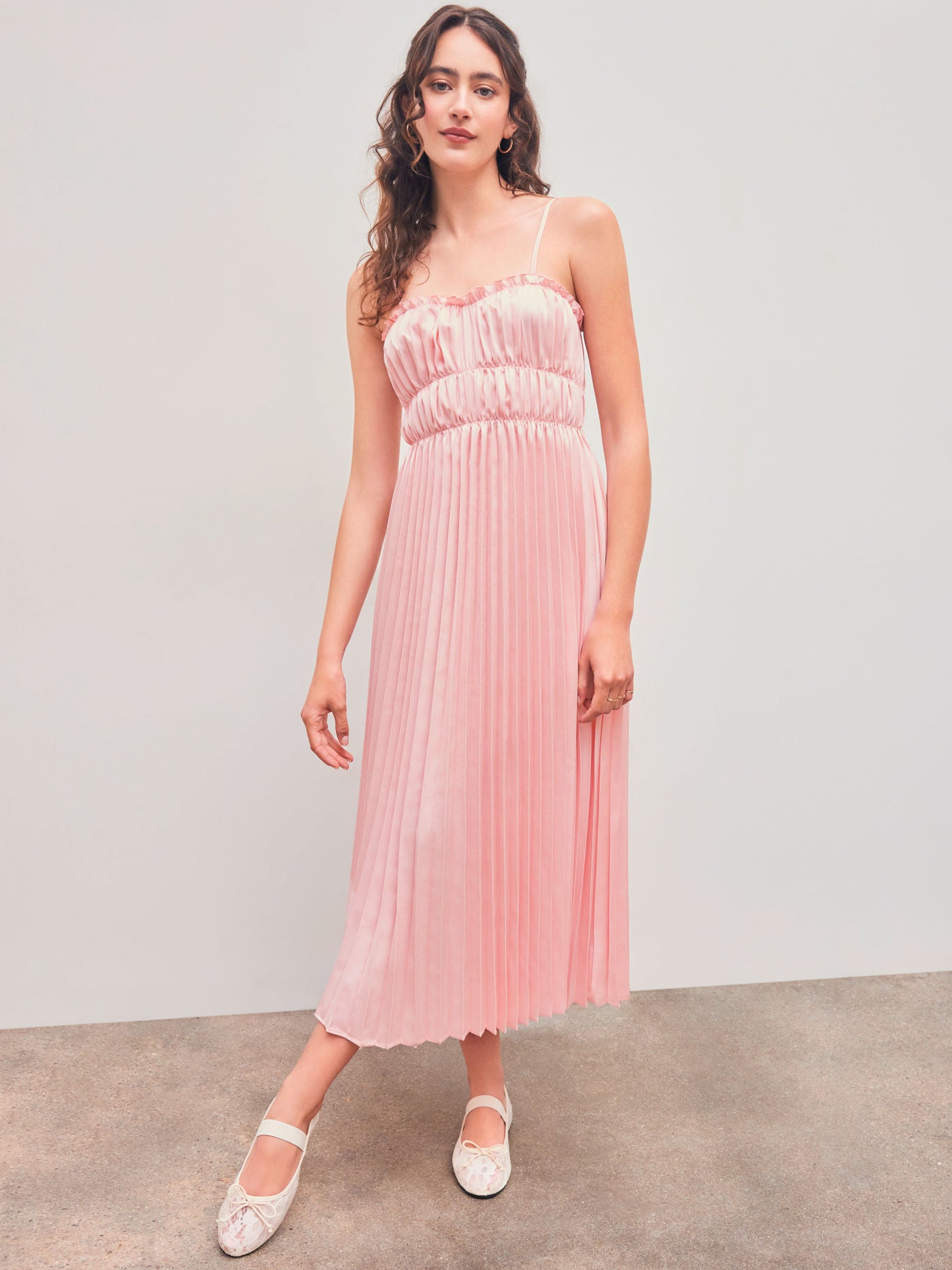 Satin Square Neck Solid Pleated Maxi Dress