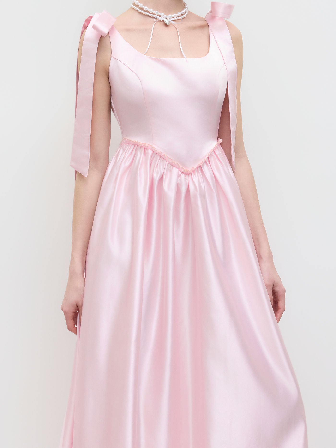 Satin U-neckline Bowknot Lace Up Ruffle Maxi Dress