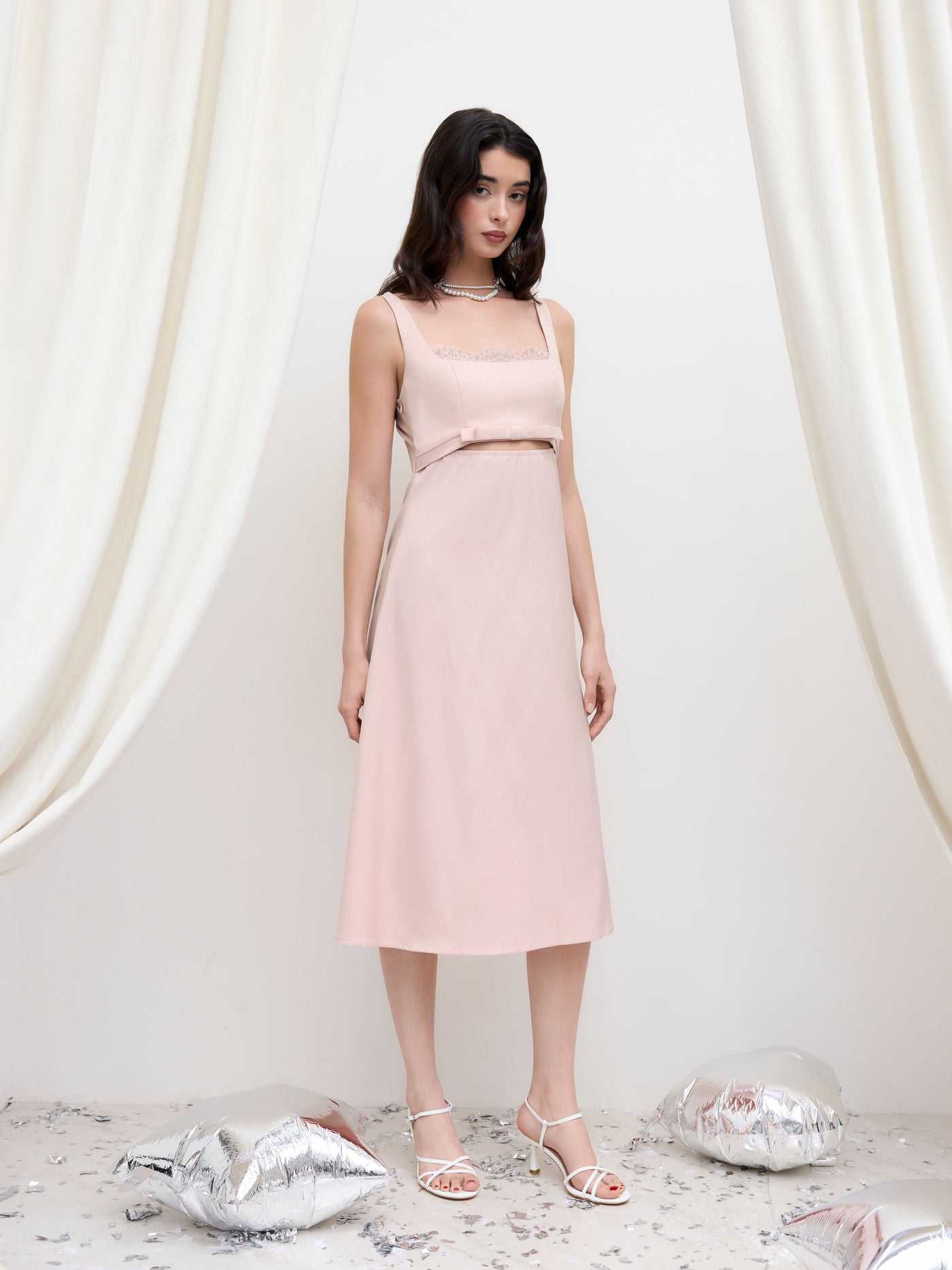 Square Neck Bowknot Cut Out Lace Trim Midi Dress