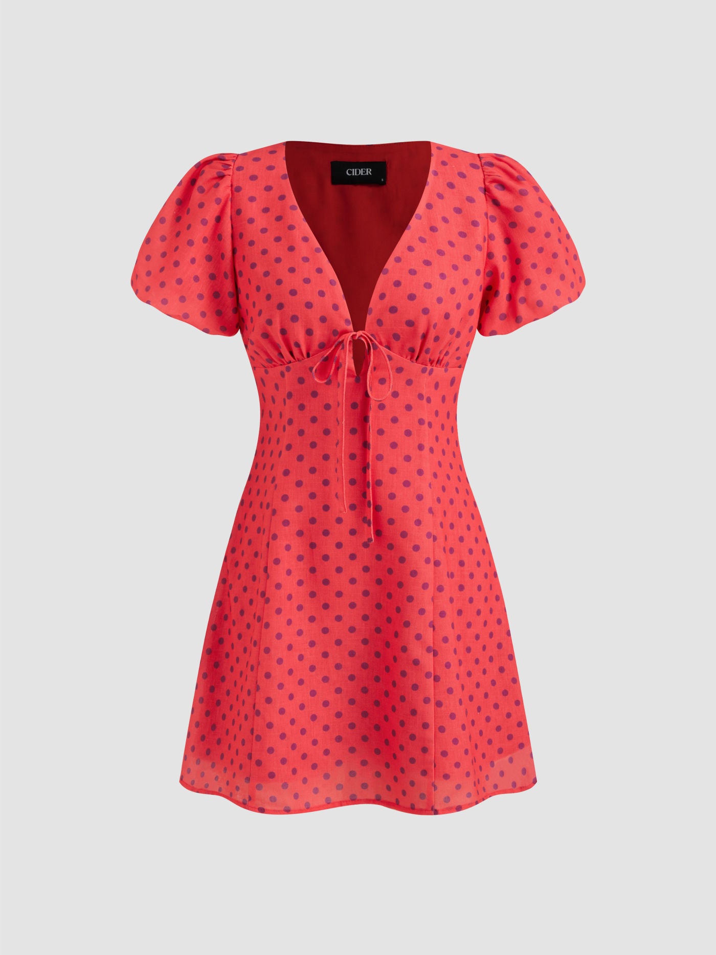 V-neck Puff Sleeve Polka Dot Knotted Mini Dress