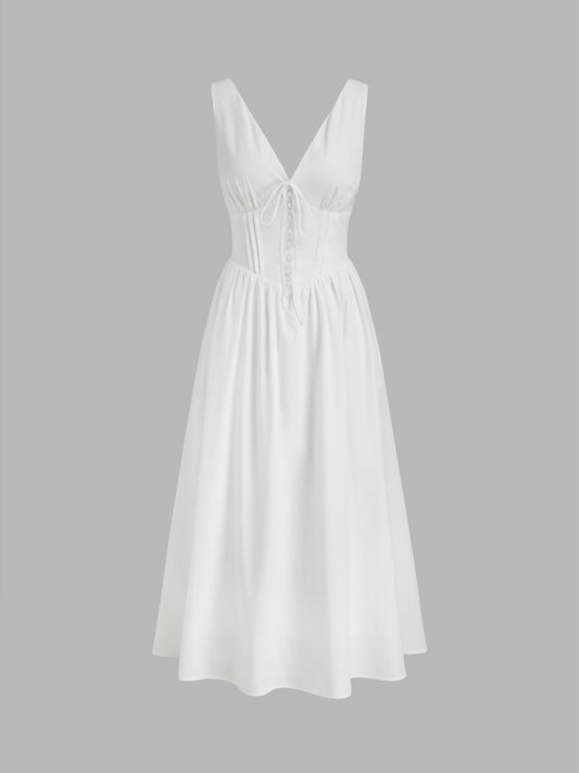 100%Cotton V-neck Pleated Knotted Maxi Dress