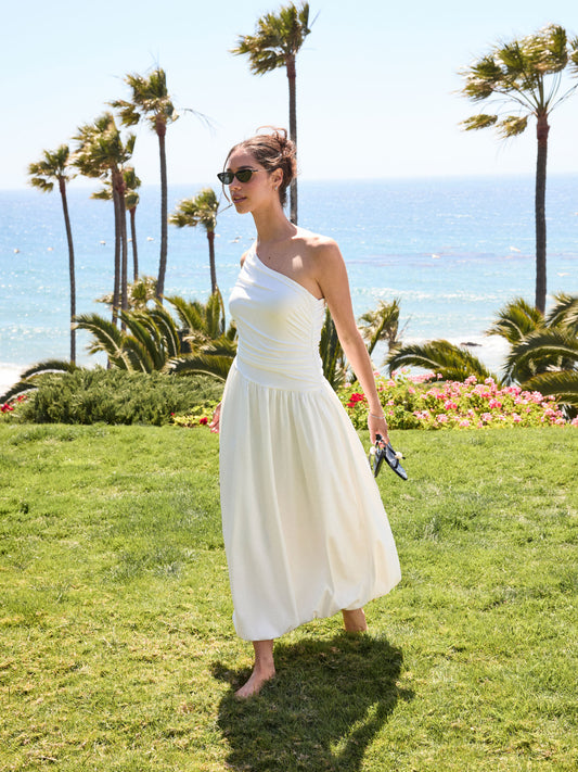Asymmetrical Neck Ruched Bubble Hem Maxi Dress