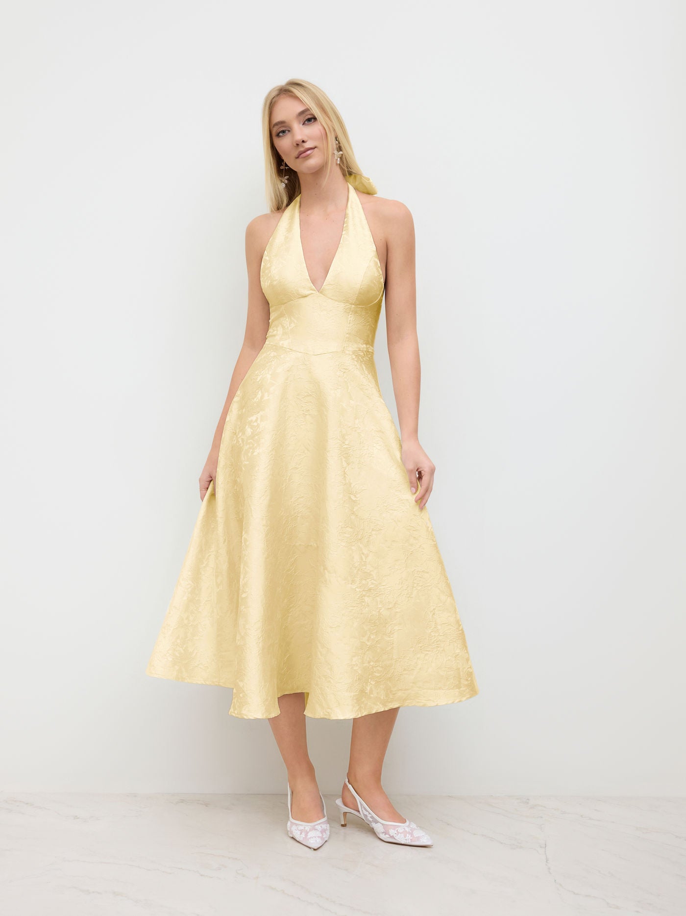 Jacquard Halter Neckline Floral Lace Up Maxi Dress